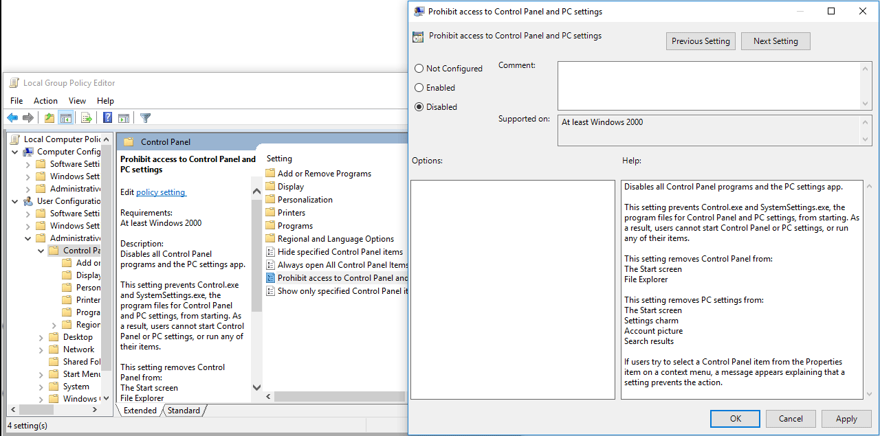 enable Windows Settings via Group Policy