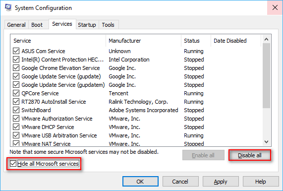 Ocultar todos os serviços Microsoft