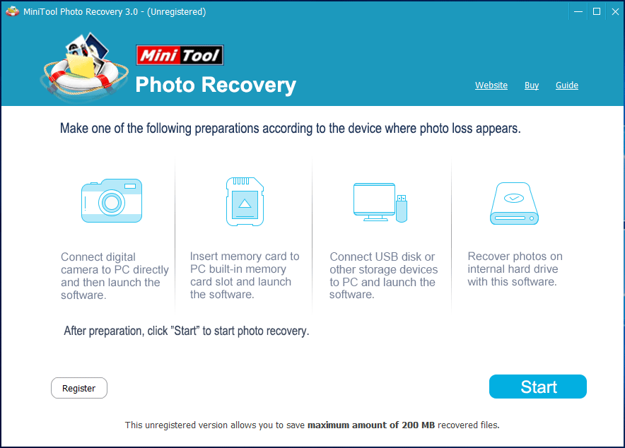 Interface principal do MiniTool Photo Recovery