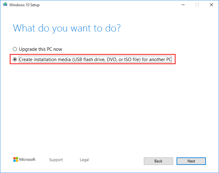 escolha Criar mídia de instalação (unidade flash USB, DVD ou arquivo ISO) para outro PC