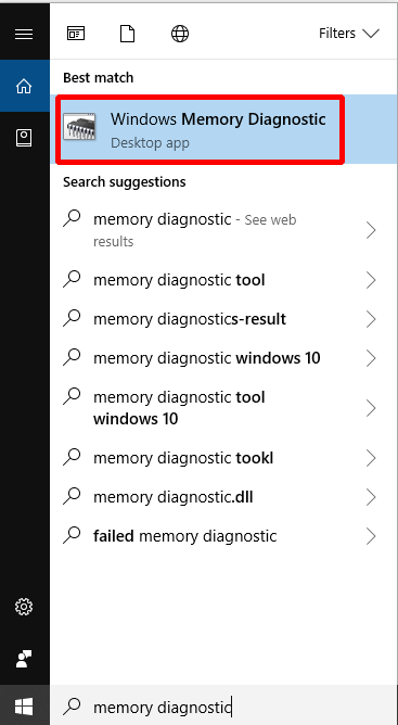 digite diagnóstico de memória e clique em Diagnóstico de memória do Windows