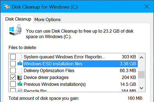Arquivos de instalação do Windows ESD na Limpeza de disco