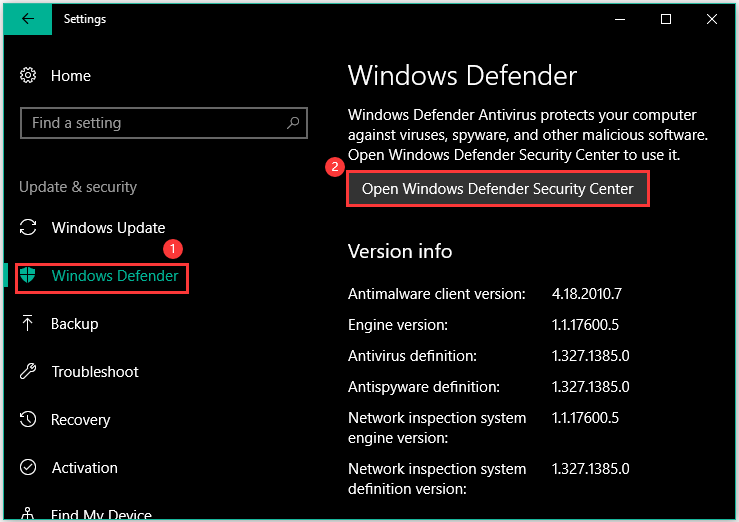 clique em Abrir a Central de Segurança do Windows Defender