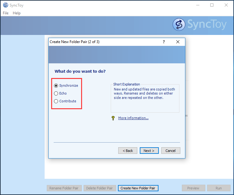 SyncToy oferece três opções de sincronização