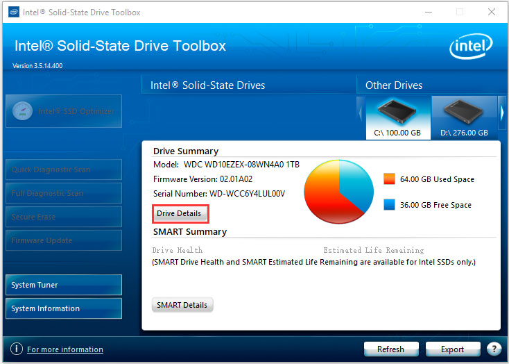 clique no  Detalhes do Drive na Intel SSD Toolbox