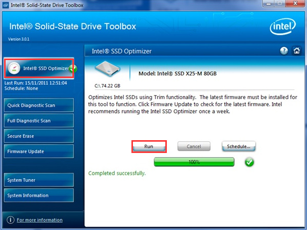 clique em Intel SSD Optimizer