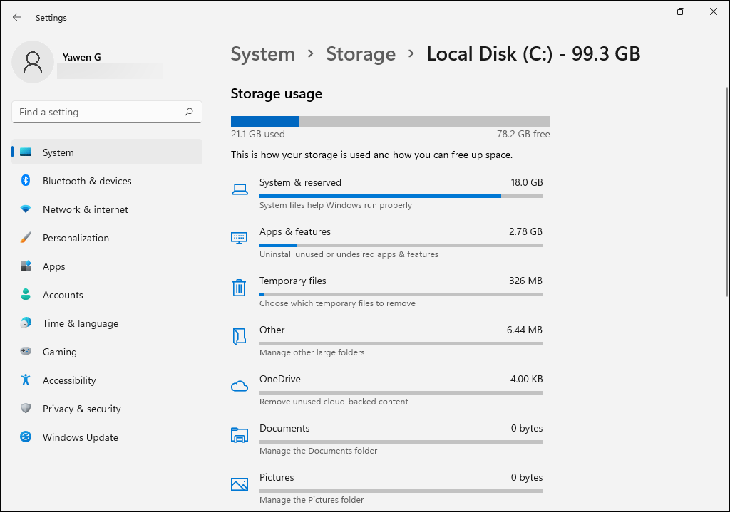 uso de armazenamento após a instalação limpa do Windows 11